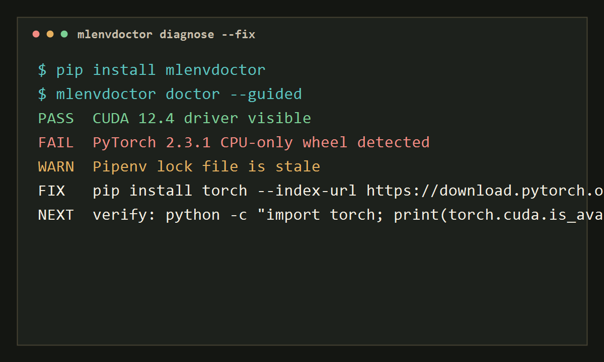 Terminal screenshot showing mlenvdoctor diagnosing CUDA, PyTorch, and Pipenv issues